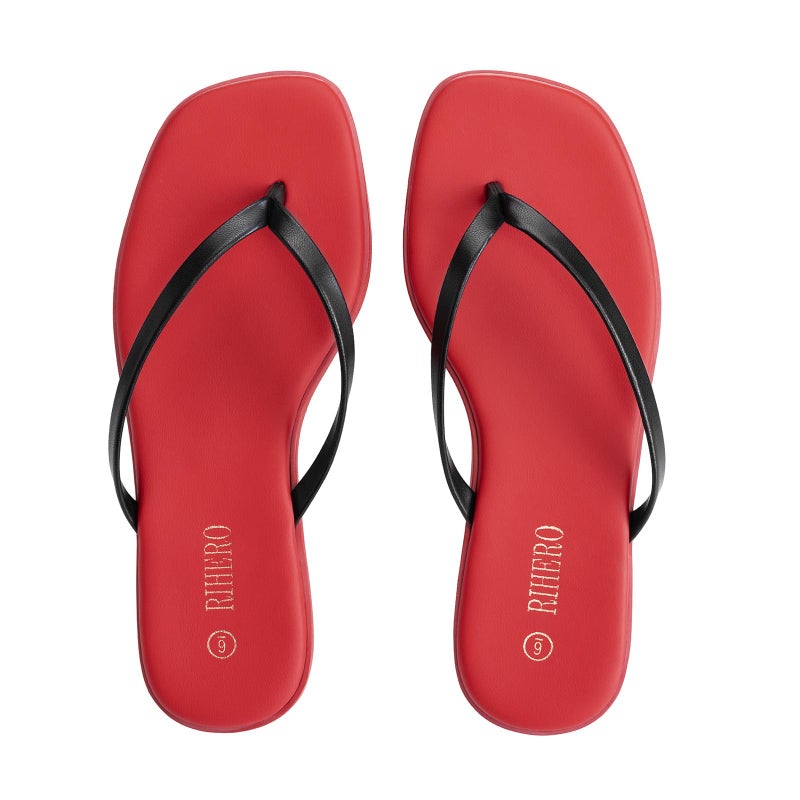 Rihero Flip Flops for Women Casual Square Toe Flat Beach Thong Sandals Lightweight Slip On for Summer Walking Red-Black Size 10 - Image 5