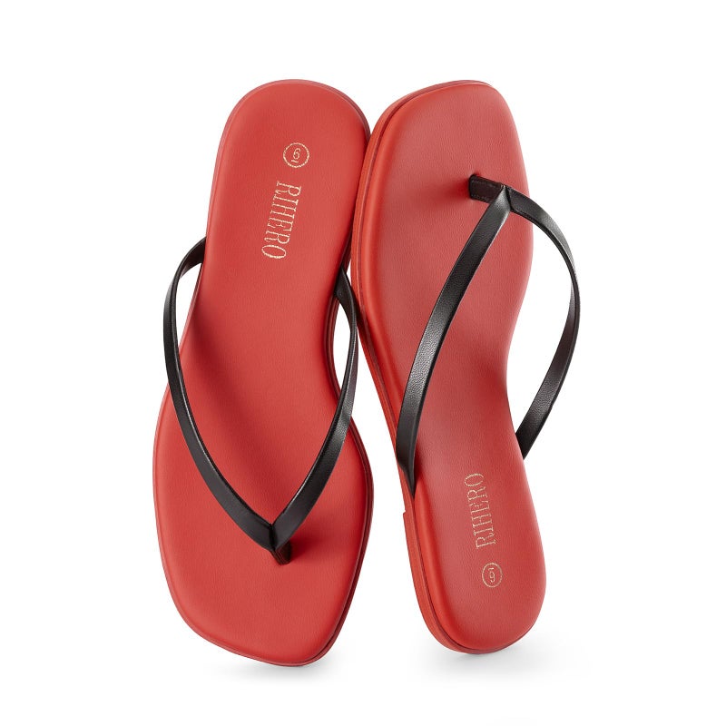 Rihero Flip Flops for Women Casual Square Toe Flat Beach Thong Sandals Lightweight Slip On for Summer Walking Red-Black Size 10 - Image 4