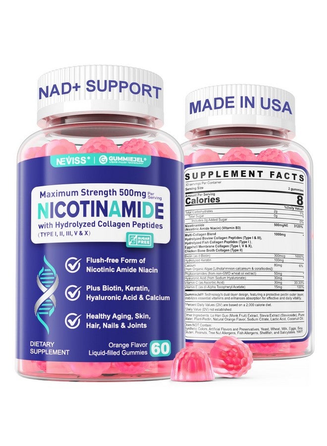 NEVISS جواهر نيكوتيناميد 500 ملغ، مكمل NAD+ (صنع في الولايات المتحدة) مع (نياسين خالي من الاحمرار) فيتامين ب3 نيكوتيناميد، ببتيدات الكولاجين لمكافحة الشيخوخة، تحسين مستوى NAD+، طول العمر والدماغ، 0 جرام سكر، 60 حبة - Image 1