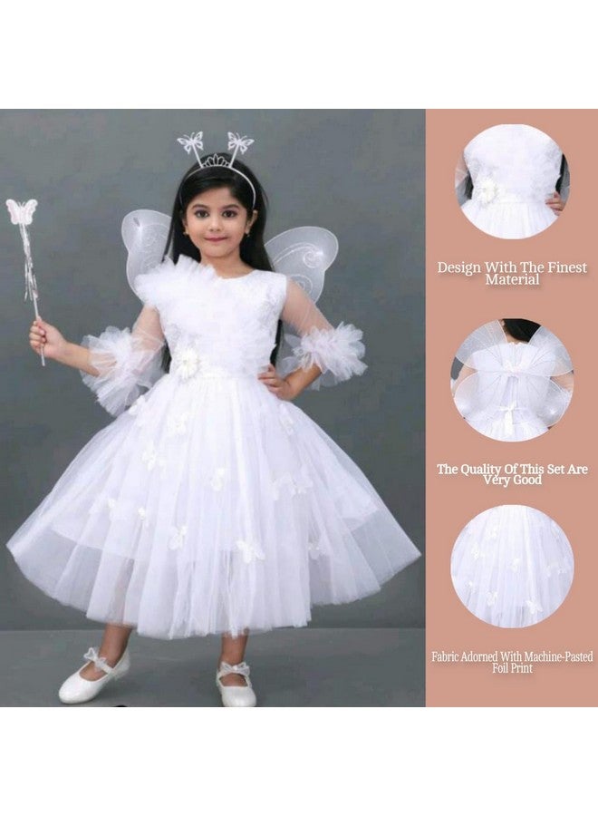 Girls' Fairy Costume Dress with Wings and Wand, Embellished with Beads and Sequins (WHITE, 9-10 Years) - Image 2