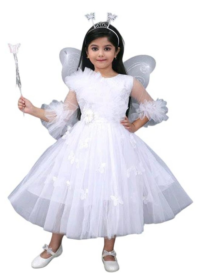 Girls' Fairy Costume Dress with Wings and Wand, Embellished with Beads and Sequins (WHITE, 9-10 Years) - Image 1