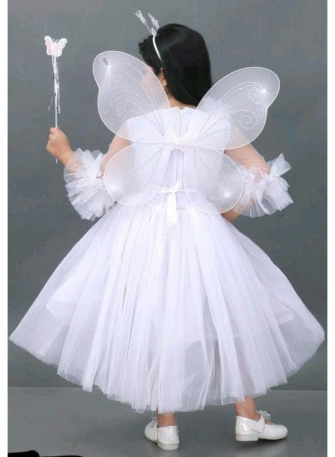 Girls' Fairy Costume Dress with Wings and Wand, Embellished with Beads and Sequins (WHITE, 9-10 Years) - Image 3