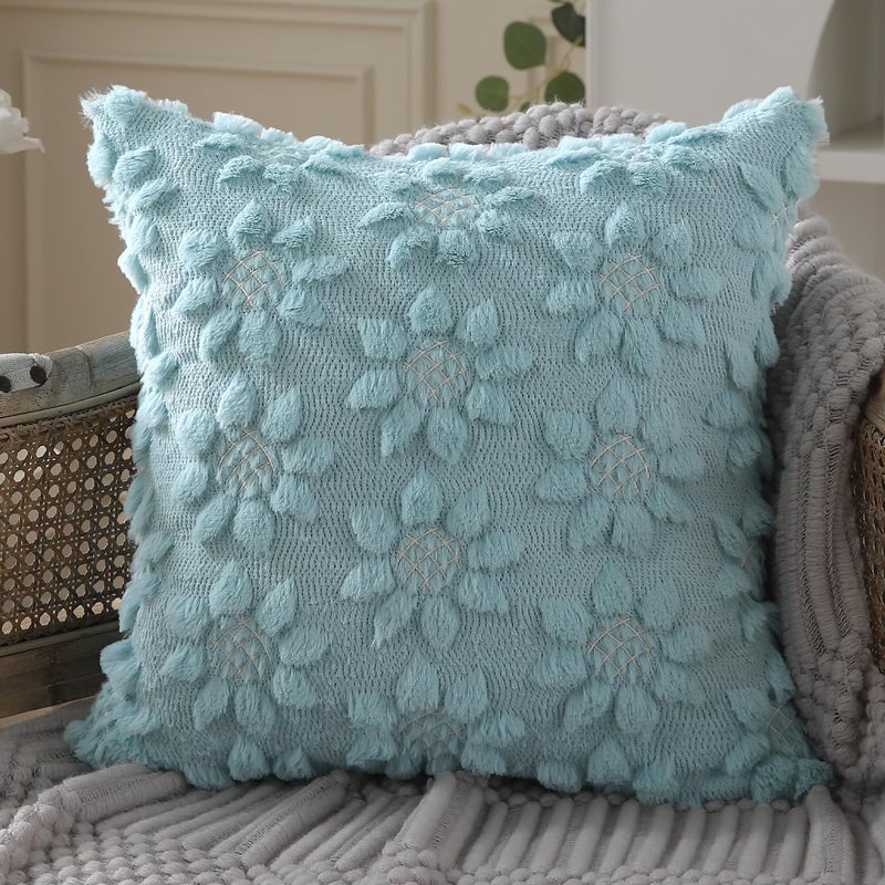 DFXSZ Spring Summer Pillow Covers 16x16 inch Set of 2 Farmhouse Decor White Flower Heart Sunflower Blue Soft Plush Faux Fur Jacquard Throw Pillows for Sofa Holiday Spring Home Decor PTK024G16 - Image 3
