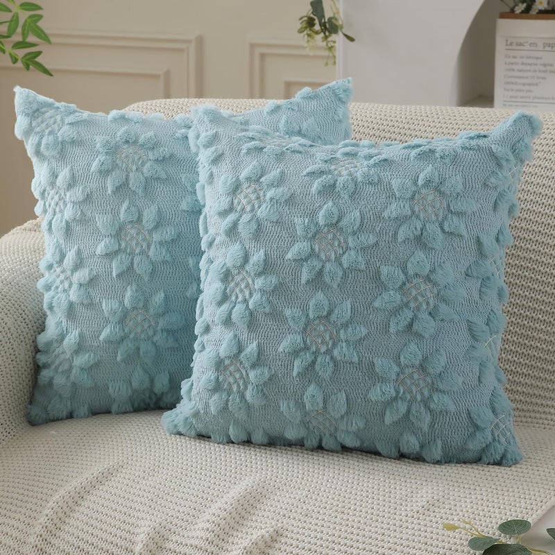 DFXSZ Spring Summer Pillow Covers 16x16 inch Set of 2 Farmhouse Decor White Flower Heart Sunflower Blue Soft Plush Faux Fur Jacquard Throw Pillows for Sofa Holiday Spring Home Decor PTK024G16 - Image 1