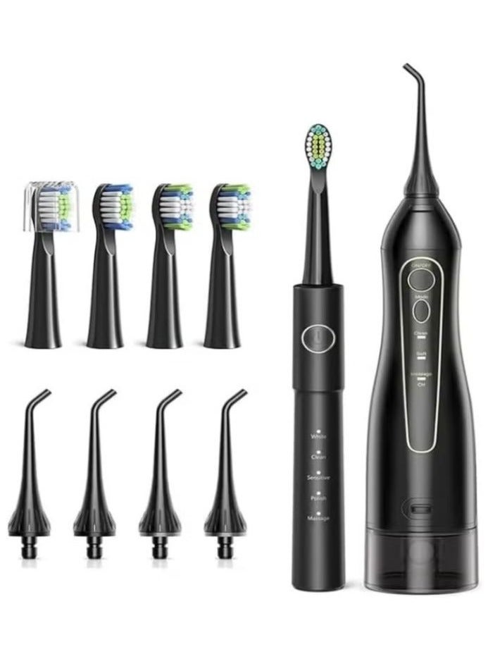 Bitvae 2-in-1 Electric Toothbrush & Water Flosser Combo – Rechargeable Cordless Waterproof Oral Care Kit, 5 Brush Modes + 3 Floss Modes, Smart Timer, 300ML Tank, 4 Brush Heads & 4 Nozzles, IPX7 Black Portable Dental Cleaner for Travel, Braces, Implants & Whitening - Image 2