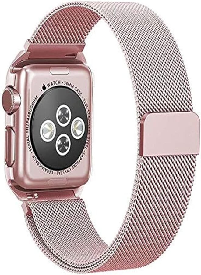 Milanese Stainless Steel Loop Strap Link Bracelet Band with Metal Protective Case For Apple Watch 42 mm (Rose Gold)