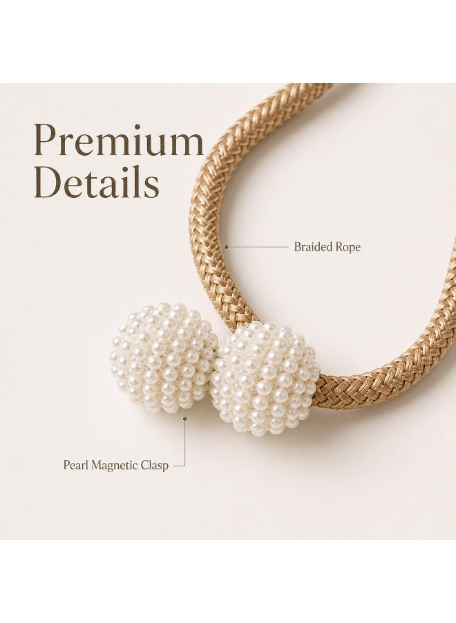 2Pcs Magnetic Curtain Tiebacks, Champagne Braided Rope Curtain Holdbacks with Pearl Ball Magnetic Buckles, No Drilling Curtain Clips for Home Window Decor - Image 2
