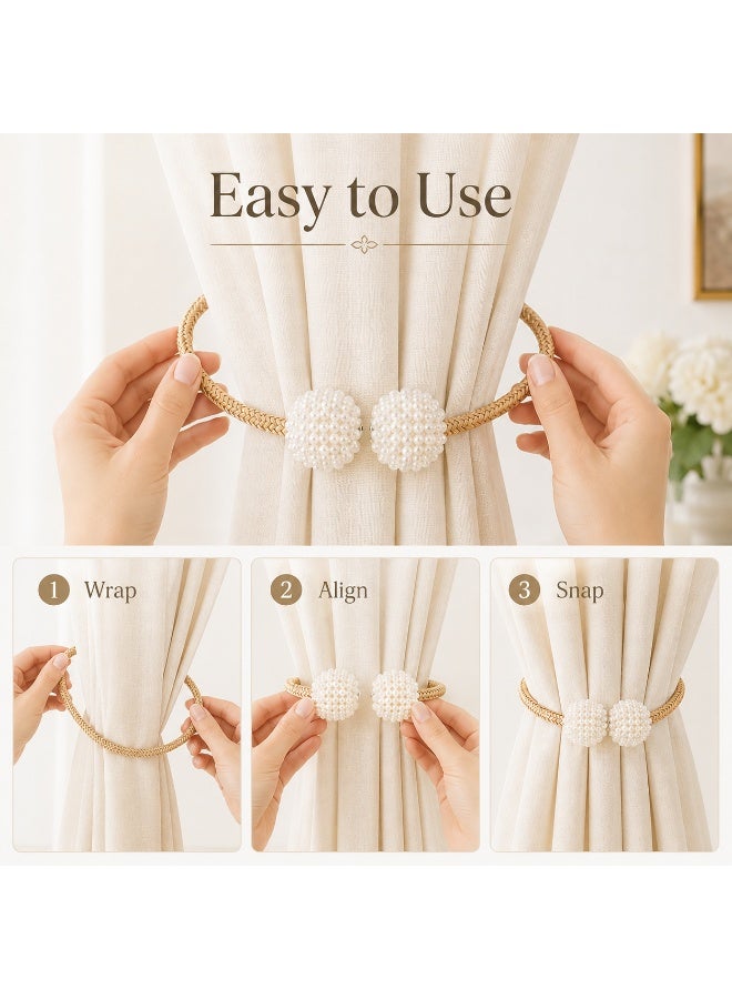 2Pcs Magnetic Curtain Tiebacks, Champagne Braided Rope Curtain Holdbacks with Pearl Ball Magnetic Buckles, No Drilling Curtain Clips for Home Window Decor - Image 3