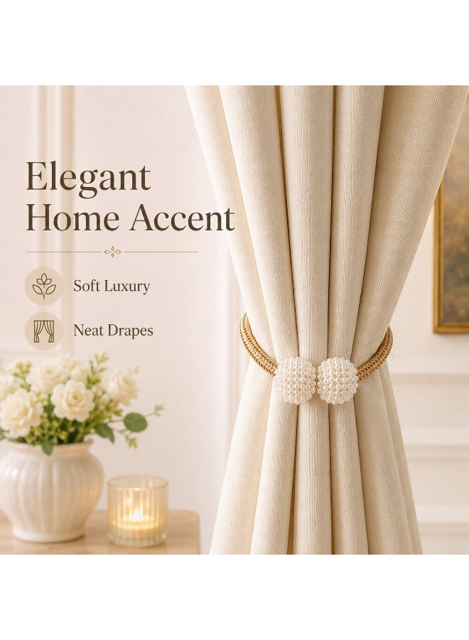 2Pcs Magnetic Curtain Tiebacks, Champagne Braided Rope Curtain Holdbacks with Pearl Ball Magnetic Buckles, No Drilling Curtain Clips for Home Window Decor - Image 5