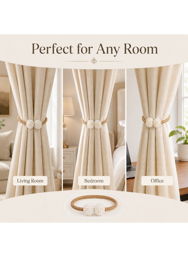 2Pcs Magnetic Curtain Tiebacks, Champagne Braided Rope Curtain Holdbacks with Pearl Ball Magnetic Buckles, No Drilling Curtain Clips for Home Window Decor - Image 4