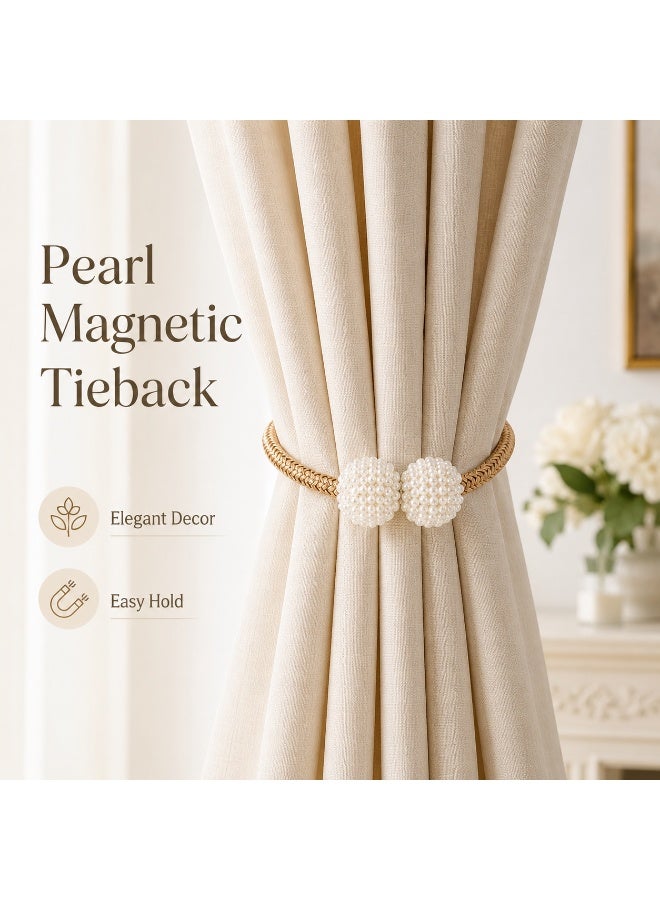 2Pcs Magnetic Curtain Tiebacks, Champagne Braided Rope Curtain Holdbacks with Pearl Ball Magnetic Buckles, No Drilling Curtain Clips for Home Window Decor - Image 1