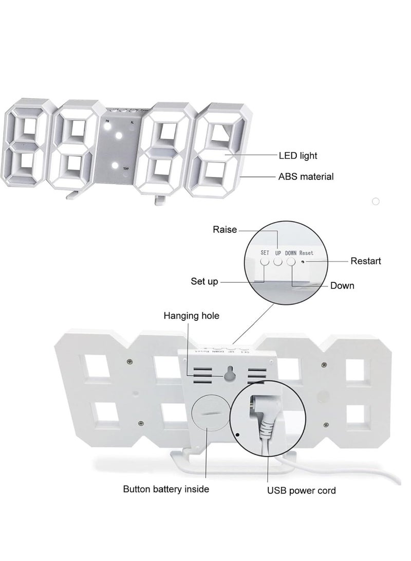 3D LED Digital Wall Clock – White Light Digital Wall Clock with Alarm, Date and Temperature Display – Adjustable Brightness – USB Powered – Suitable for Office and Bedroom - Image 3