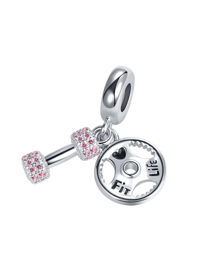 OutstandLong Pink Dumbbell Barllbell Gym Workout Pendant Charm Sports Barbell CZ Bead for Pandora Bracelets Necklace, Metal, base - Image 2