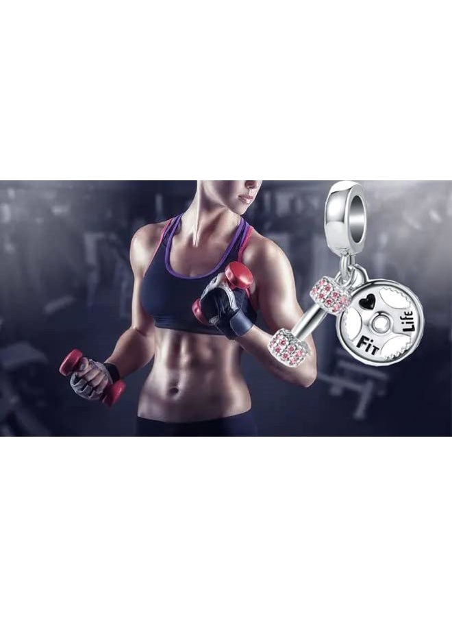OutstandLong Pink Dumbbell Barllbell Gym Workout Pendant Charm Sports Barbell CZ Bead for Pandora Bracelets Necklace, Metal, base - Image 4