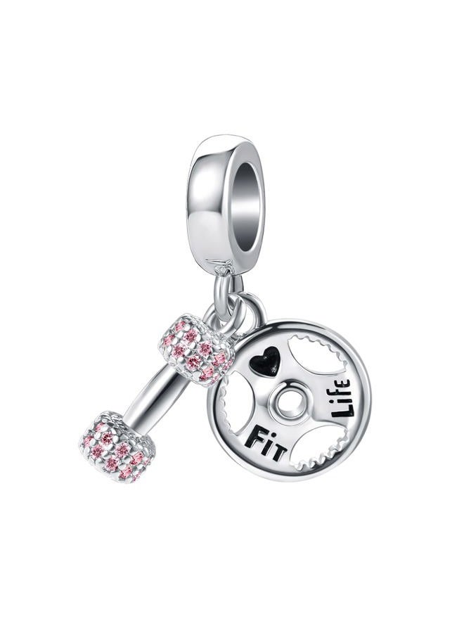 OutstandLong Pink Dumbbell Barllbell Gym Workout Pendant Charm Sports Barbell CZ Bead for Pandora Bracelets Necklace, Metal, base - Image 1