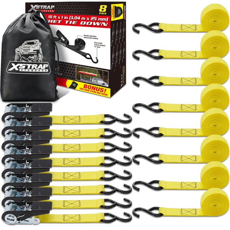 XSTRAP STANDARD Xstrap - أشرطة ربط السقاطة القياسية - 8 قطع - 1 بوصة × 10 قدم - 900 رطل من أشرطة الشحن القوية للأجهزة المتحركة ومعدات الحديقة والدراجات النارية باللون الأصفر - Image 1