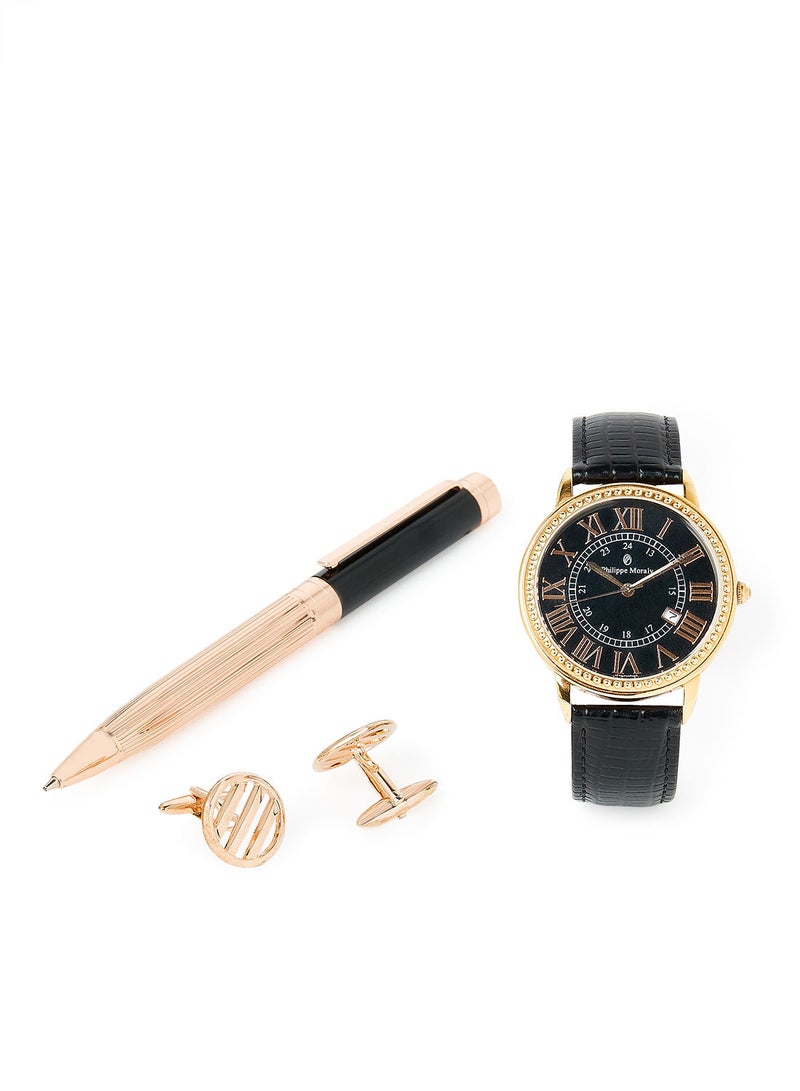Philippe Moraly of Switzerland Gift Set Watch, Pen And Cufflinks L17111470068R - 43mm - Black  - Image 1