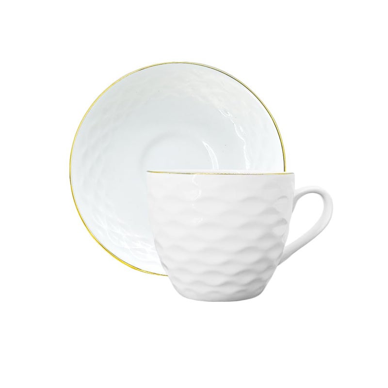 Femora Indian Ceramic Gold Line Wave Ripple Pattern White Tea Cups, Mugs and Saucer-200 ml - Set of 6 (6 Cups, 6 Saucer) - Image 2