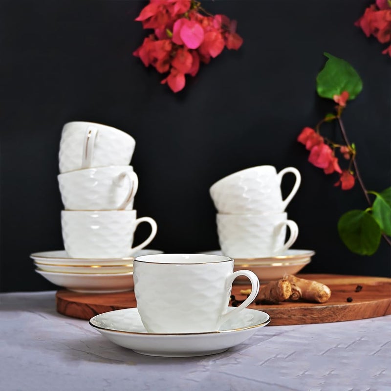 Femora Indian Ceramic Gold Line Wave Ripple Pattern White Tea Cups, Mugs and Saucer-200 ml - Set of 6 (6 Cups, 6 Saucer) - Image 1