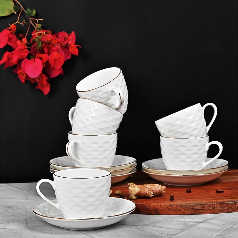 Femora Indian Ceramic Gold Line Wave Ripple Pattern White Tea Cups, Mugs and Saucer-200 ml - Set of 6 (6 Cups, 6 Saucer) - Image 4