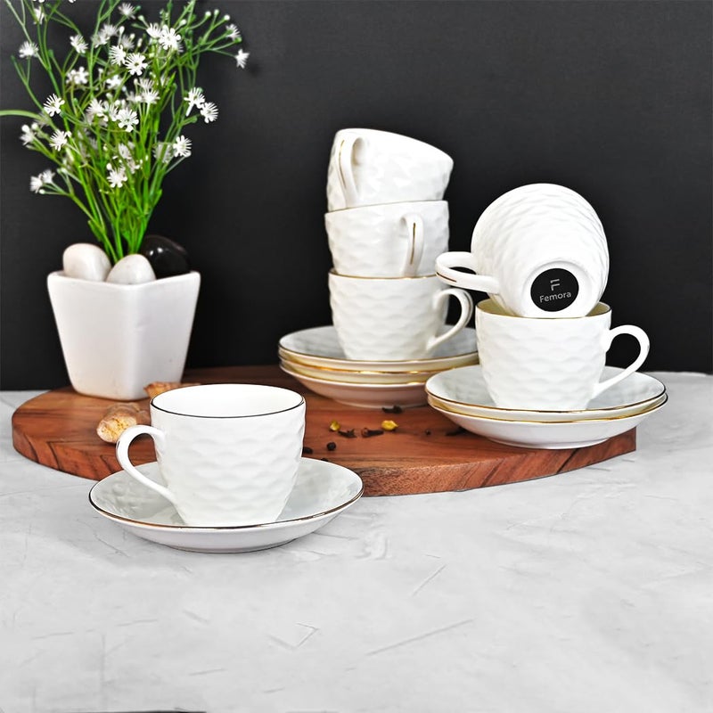 Femora Indian Ceramic Gold Line Wave Ripple Pattern White Tea Cups, Mugs and Saucer-200 ml - Set of 6 (6 Cups, 6 Saucer) - Image 5