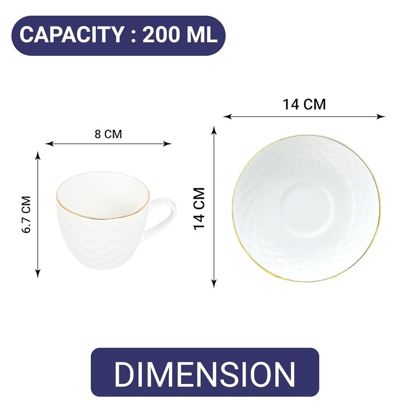 Femora Indian Ceramic Gold Line Wave Ripple Pattern White Tea Cups, Mugs and Saucer-200 ml - Set of 6 (6 Cups, 6 Saucer) - Image 3