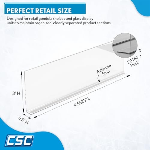 Clip Strip Shelf Dividers, 50 Pack, Self Adhesive, 3” H x 9.5” L Shelf Separators for Retail Shelving, Pantry & Closet Organization, Easy Stick 20 Mil Clear PVC, Product Display Dividers, Clip Strip Corp - Image 2
