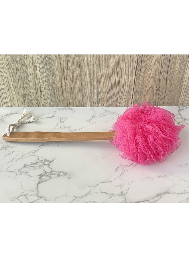JINS-Hung Shower Loofah Body & Back Scrubber - Exfoliating Loofah Bath Brush On a Stick - with Long Wooden Handle Back Brush for Men & Women - Easy Reach Body Wash & Lotion Applicator（Red） - Image 3