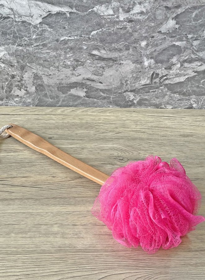 JINS-Hung Shower Loofah Body & Back Scrubber - Exfoliating Loofah Bath Brush On a Stick - with Long Wooden Handle Back Brush for Men & Women - Easy Reach Body Wash & Lotion Applicator（Red） - Image 4