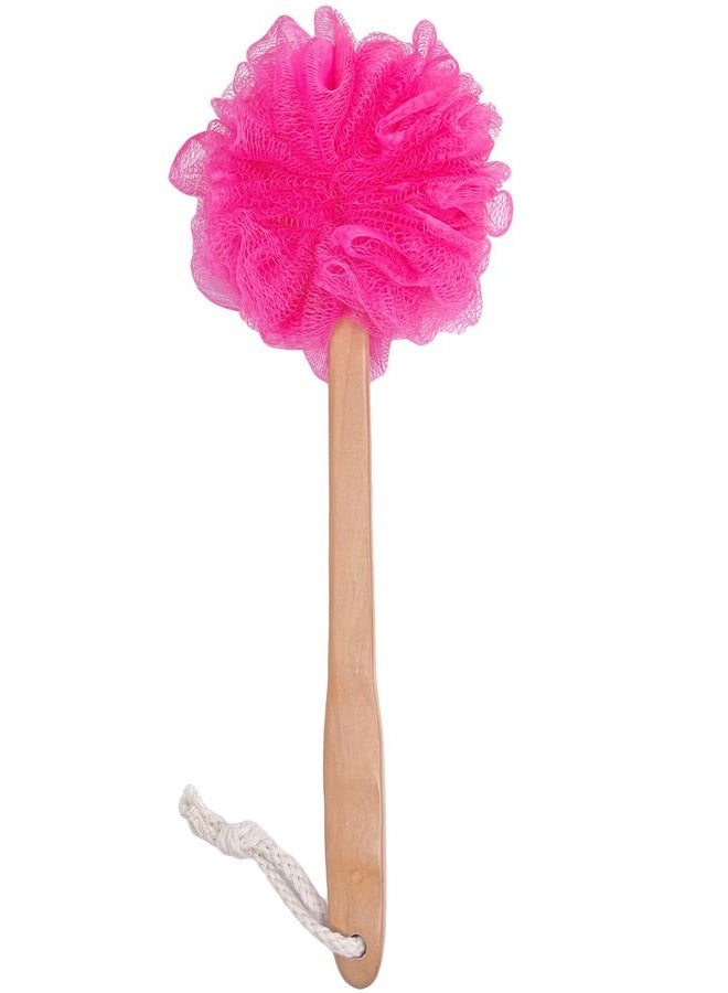 JINS-Hung Shower Loofah Body & Back Scrubber - Exfoliating Loofah Bath Brush On a Stick - with Long Wooden Handle Back Brush for Men & Women - Easy Reach Body Wash & Lotion Applicator（Red） - Image 1