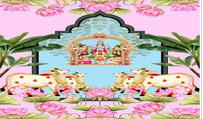 Backdropon Lord Satyanarayana is a Form of Lord Vishnu Design Backdrop Cloth for Pooja Decoration Traditional/Background Curtain Cloth for Festival Size 5 Feet Height and 8 Feet Width(5 * 8) - Image 1