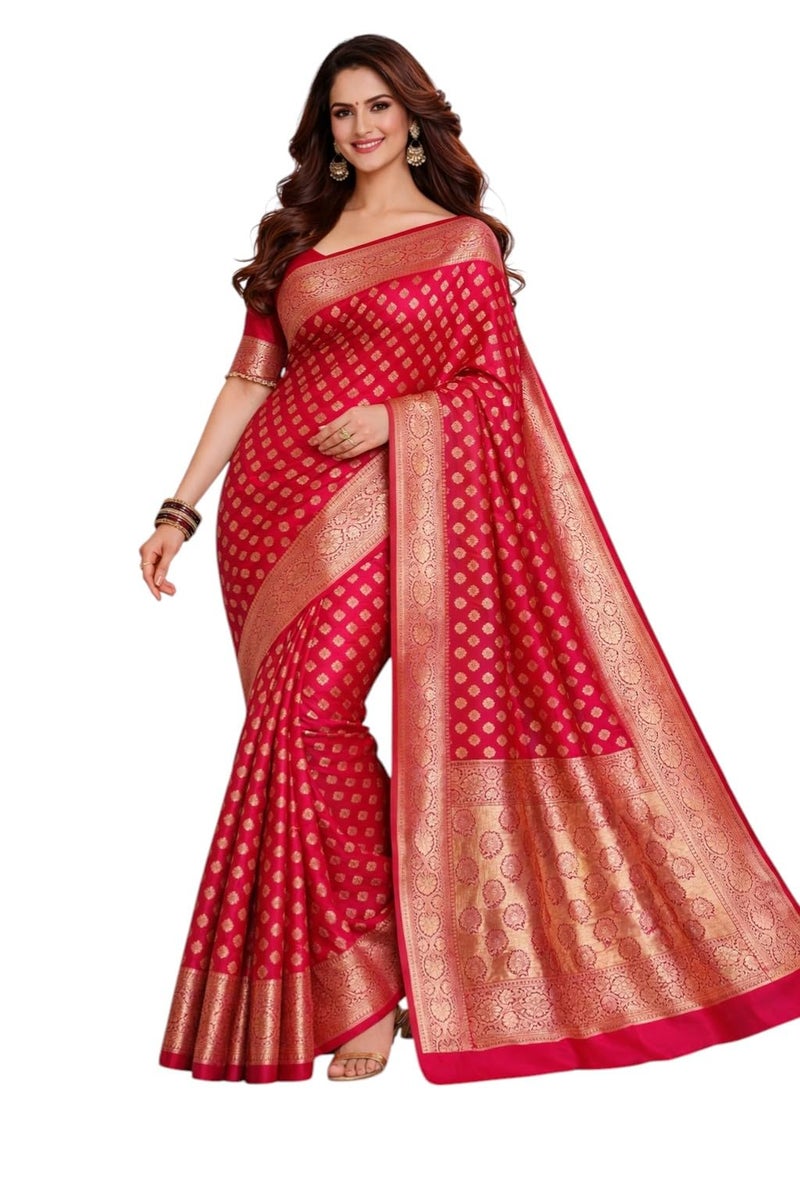 NoseQueen women fashion Multi-Colored Traditional banarasi silk saree | Cotton saree for farewell with UnStitched Blouse Piece (Pink) - Image 1