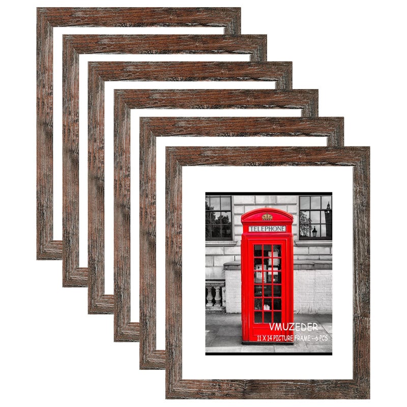 VMUZEDER 11x14 Picture Frame Rustic Brown Wood Set of 6Display Pictures 8x10 with Mat or 11x14 Without MatMulti Photo Frames Collage for Wall