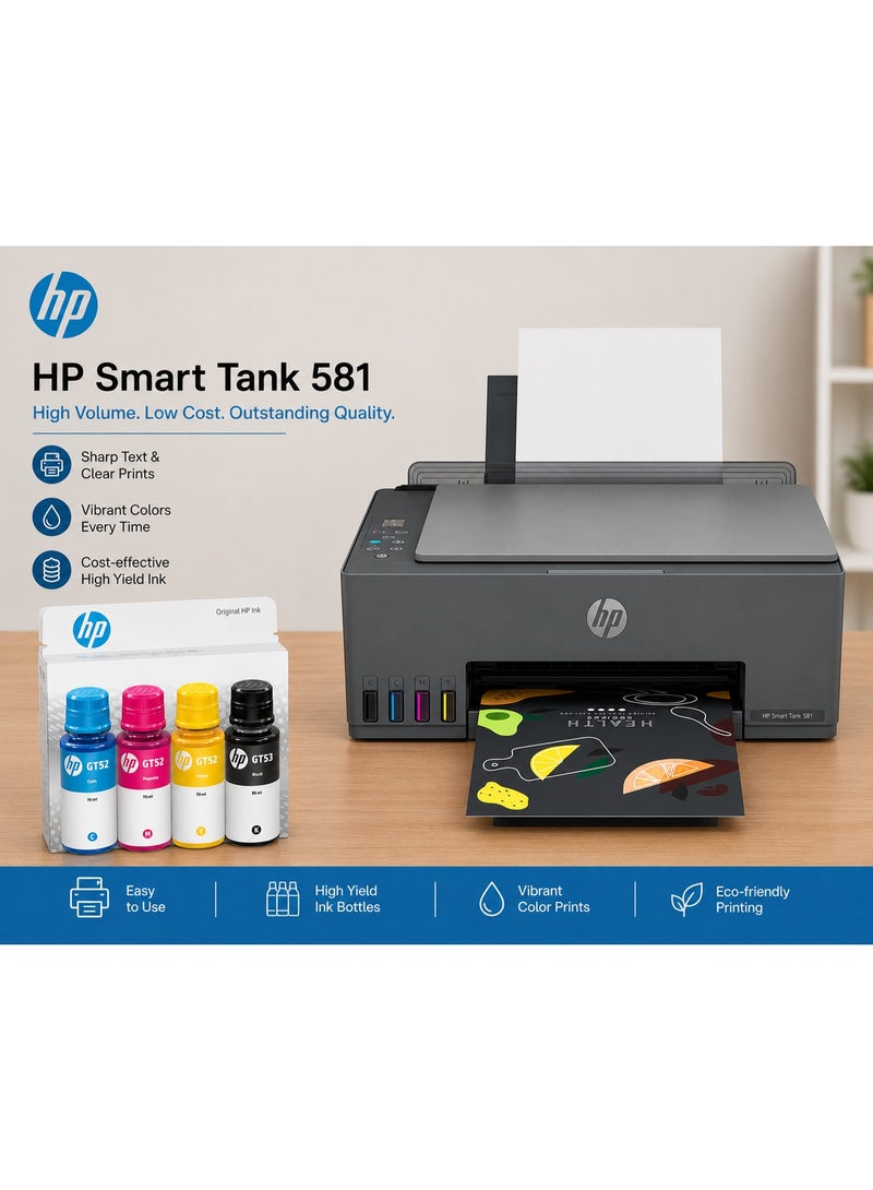 HP Smart Tank 581 Wireless All-in-One Printer with Original HP GT52 Cyan, Magenta, Yellow & GT53 Black Ink Bottles grey - Image 1