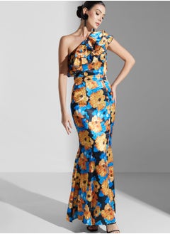 One Shoulder Floral Print Side Slit Dress