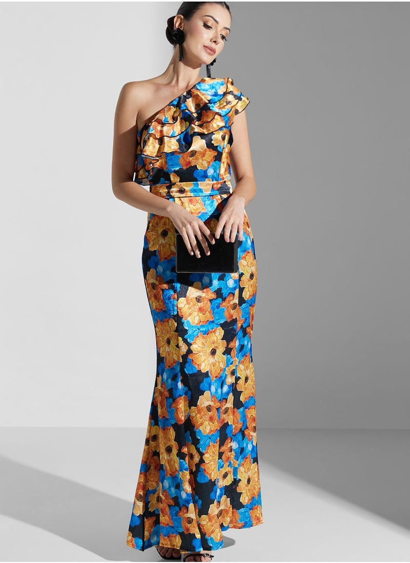 Iyra - One Shoulder Floral Print Side Slit Dress - Image 1