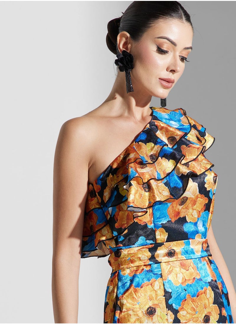 Iyra - One Shoulder Floral Print Side Slit Dress - Image 1