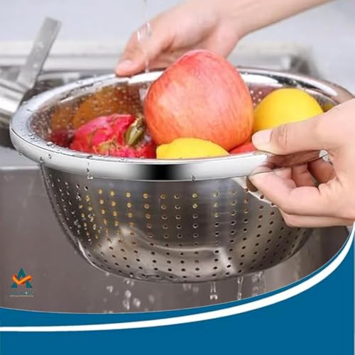 Alark Perforation Bowl Fruit Washing Basket, Stainless Steel Colander Multifunction for Kitchen Rice Washing, Household Vegetable and Fruit Mixing With Salad Baskets [22x22x10 CM] - Image 3
