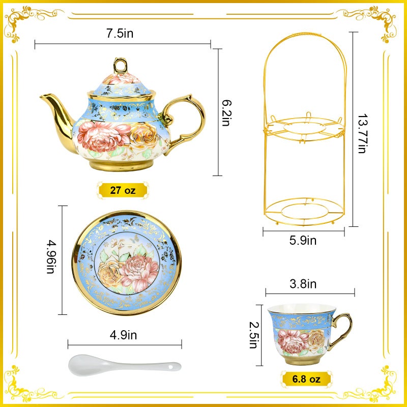 TATSUMI 20 Pieces Porcelain Tea Set With Metal Holder, European Ceramic tea set for adults,Flower Tea Set,Tea Set For Women With Flower Painting - Image 3