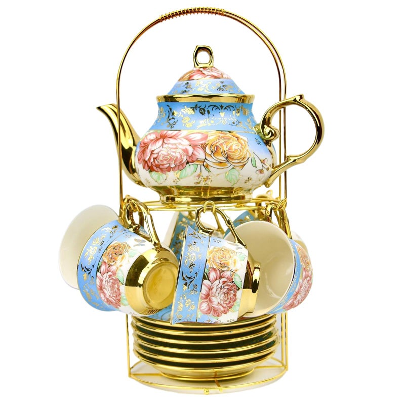 TATSUMI 20 Pieces Porcelain Tea Set With Metal Holder, European Ceramic tea set for adults,Flower Tea Set,Tea Set For Women With Flower Painting - Image 2