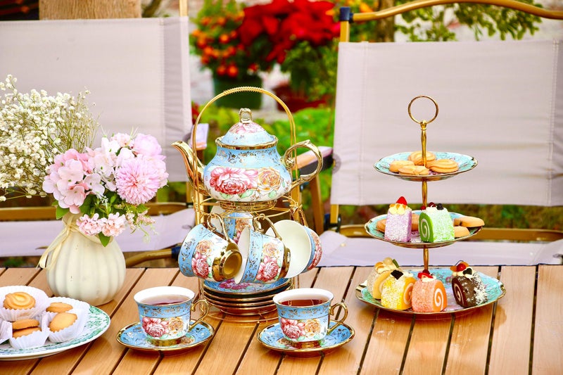 TATSUMI 20 Pieces Porcelain Tea Set With Metal Holder, European Ceramic tea set for adults,Flower Tea Set,Tea Set For Women With Flower Painting - Image 4