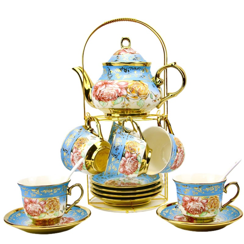 TATSUMI 20 Pieces Porcelain Tea Set With Metal Holder, European Ceramic tea set for adults,Flower Tea Set,Tea Set For Women With Flower Painting - Image 1