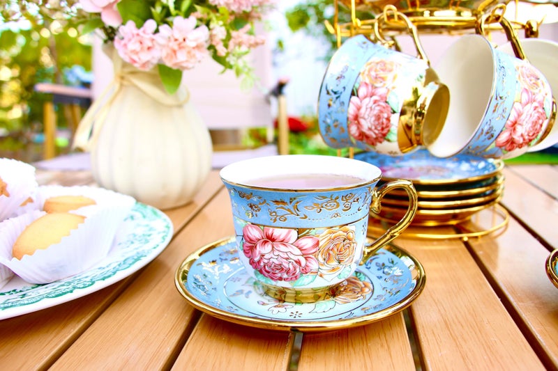 TATSUMI 20 Pieces Porcelain Tea Set With Metal Holder, European Ceramic tea set for adults,Flower Tea Set,Tea Set For Women With Flower Painting - Image 5