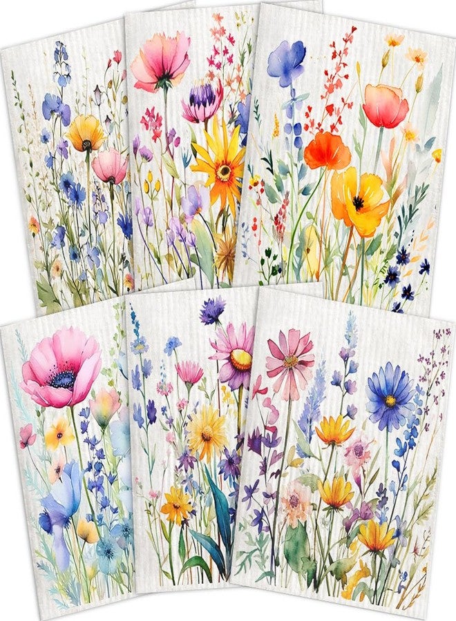 Flowing Fun Swedish Dishcloths for Kitchen - 6 Pack Vintage Floral Cellulose Reusable Cleaning Paper Towels - Soft, Quick-Drying, Washable Dish Rags for Kitchen, Counters & More (Flower) - Image 1