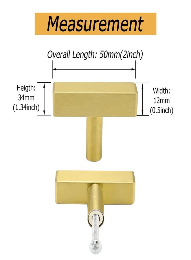 goldenwarm 20 Pack Gold Cabinet Knobs Kitchen Hardware Knobs Single Hole - LS1212GD Square T Bar Brushed Brass Drawer Handles for Dresser Cupboard Door Handles Stainless Steel 2"(50mm) Length - Image 2