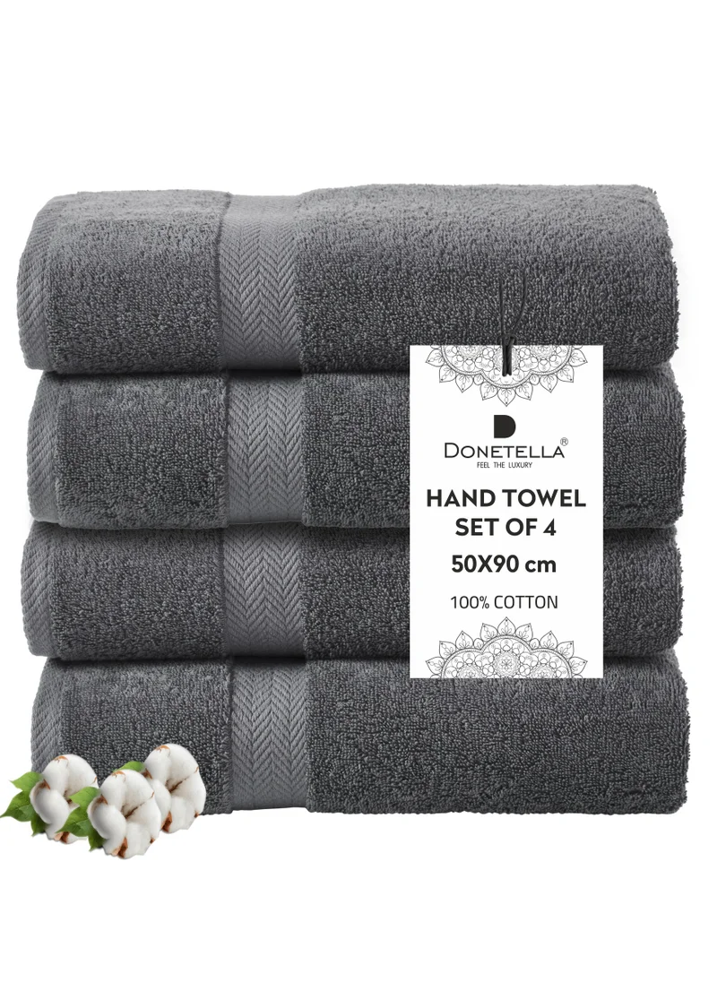 Donetella Premium 100 % Combed Cotton 4-Pcs Hand Towel Set (50 X 90 CM) 600 GSM Super Soft Hand Towel, Highly Absorbent, Quick Dry,Best Towel for Bathroom, Spa And Hotel,Grey