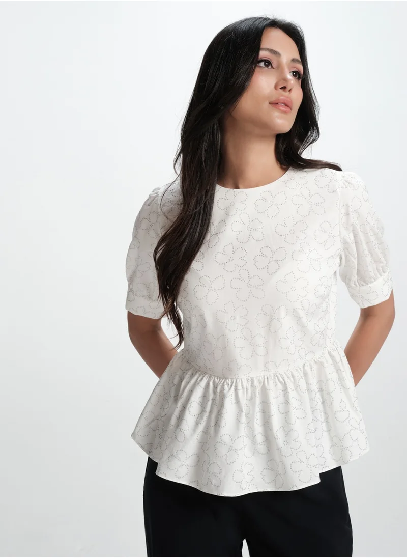Zigzag White Cotton Formal Peplum Top