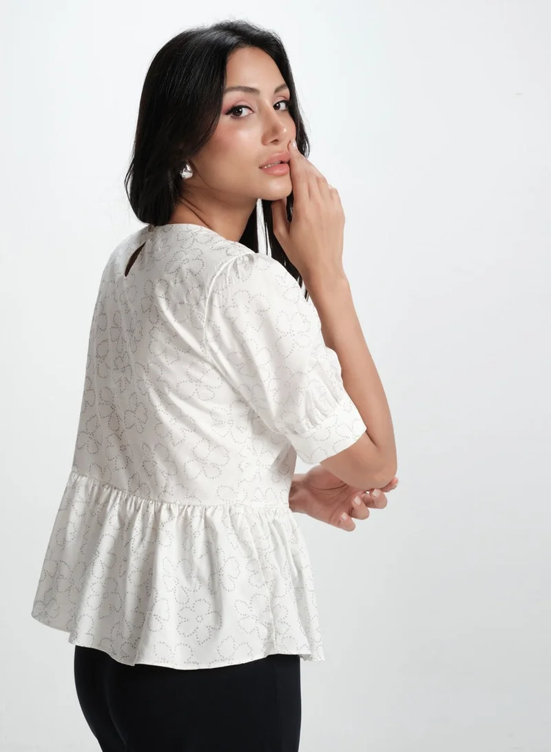 Zigzag White Cotton Formal Peplum Top