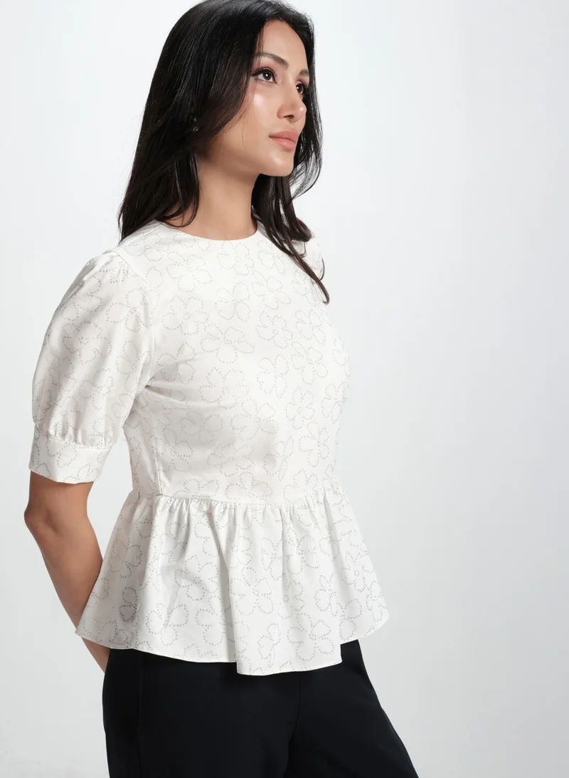 Zigzag White Cotton Formal Peplum Top