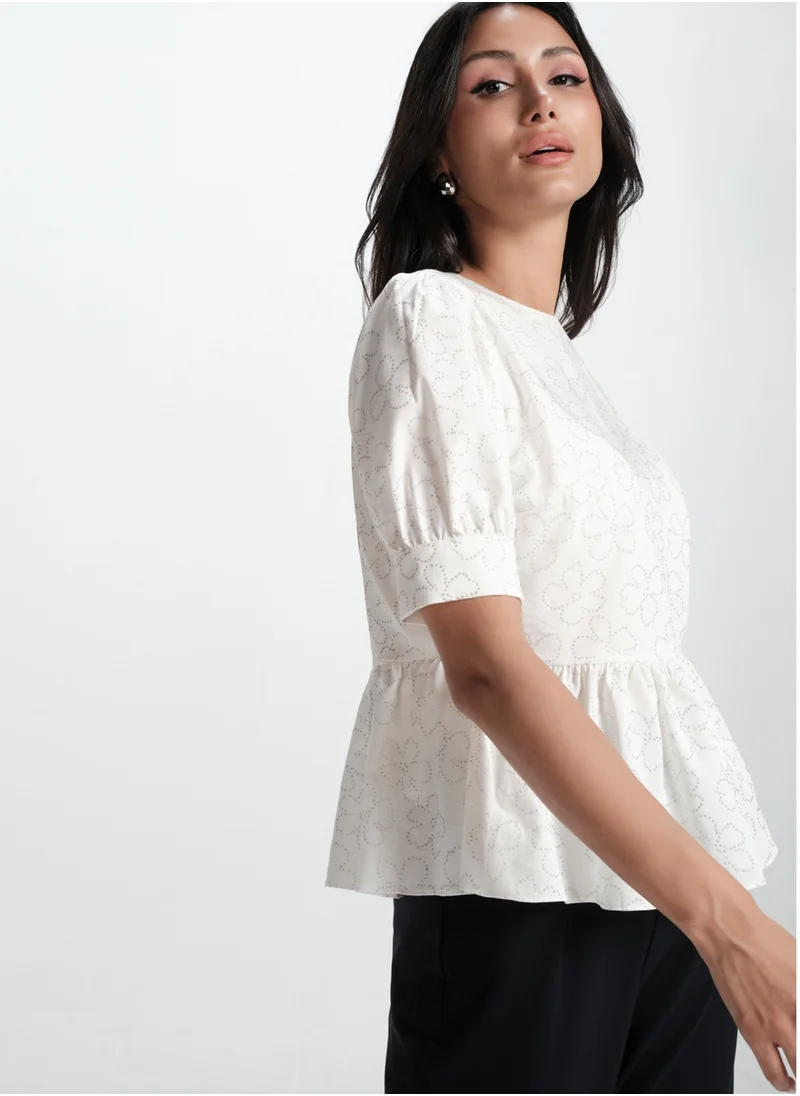 Zigzag White Cotton Formal Peplum Top